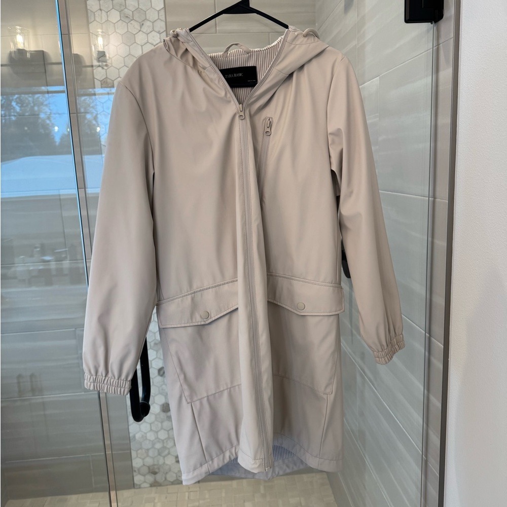 Zara Beige Hooded Utility Rain Jacket